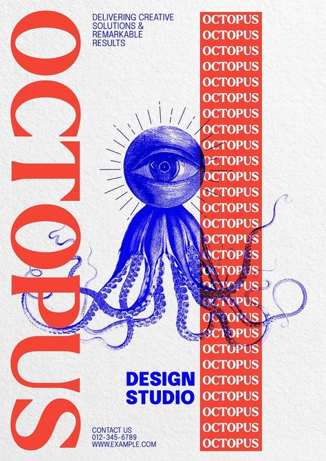 Octopus design studio poster template, editable design | premium image by rawpixel.com / dunno design lab Octopus Graphic Design, Sea Graphic Design, Stairwell Decor, Vector Poster Design, Octopus Vulgaris, Octopus Poster, Octopus Images, Octopus Graphic, Octopus Garden