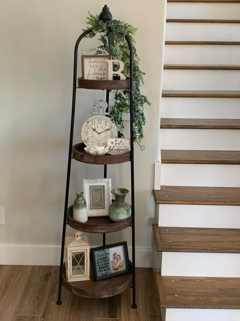 Decorate A Corner Shelf, Corner Rack Decor Ideas, Entry Shelf Ideas Entrance, How To Decorate A 5 Tier Corner Shelf, Farmhouse Corner Decor Living Rooms, Entrance Corner Ideas, How To Decorate A Corner Shelf, Corner Decorating Ideas Dining, 4 Tier Shelf Decor