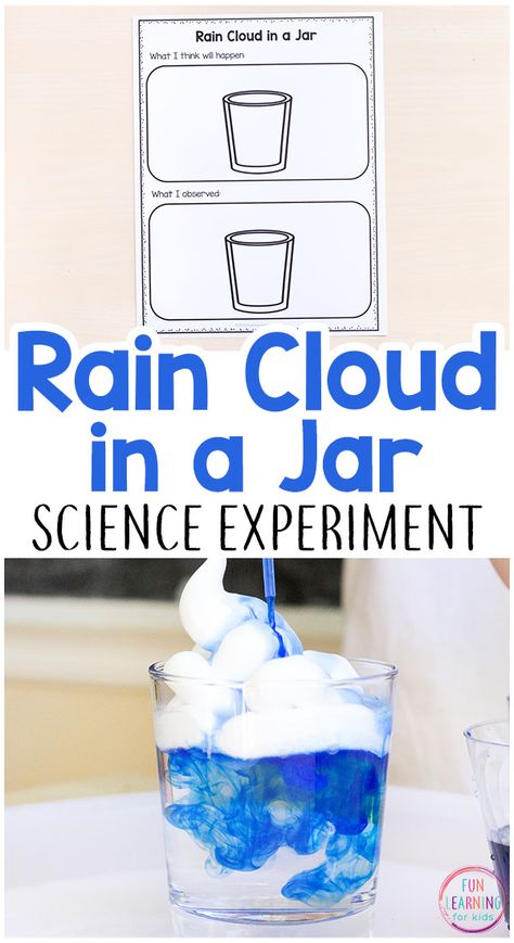 Rain cloud in a jar science experiment. This spring science activity is perfect for preschool, kindergarten and early elementary.#scienceforkids #scienceexperiments #STEM #preschool #weatherunit #scienceactivity Make It Rain Science Experiment, Earth Prek Activities, March Science Preschool, April Activities For Preschoolers, Social Science Preschool Activities, Whats In The Sky Theme Preschool, Weather Science Kindergarten, Weather Crafts For Elementary Students, Science Experiment First Grade