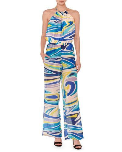 Jumpsuits Styles, Louboutin Kate, Christian Louboutin Kate, Jumpsuit Blue, Silk Jumpsuit, Multi Pattern, Printed Silk, Wide Legs, Emilio Pucci