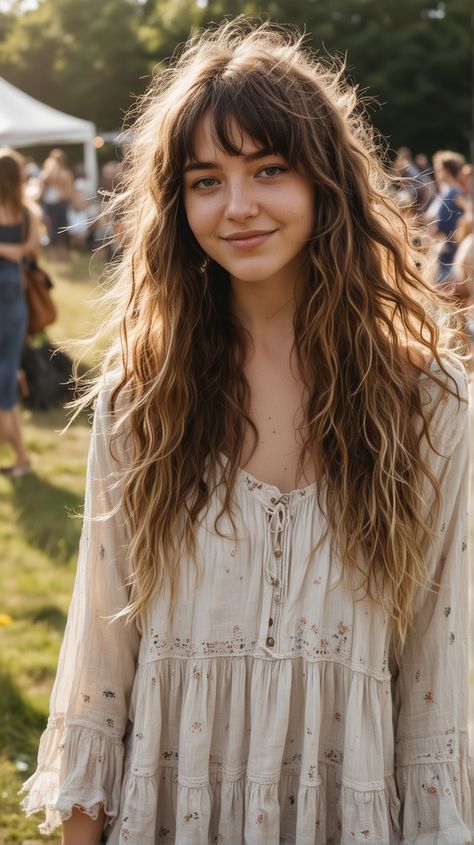 23 Hairstyles For Lengthy Hair With Lengthy Bangs: Boho Waves With Lengthy Wispy Bangs Check more at https://howcandothis.com/hairstyleideas/23-hairstyles-for-lengthy-hair-with-lengthy-bangs-boho-waves-with-lengthy-wispy-bangs/ Long Wavy Hair With Wispy Bangs, Light Bangs Wispy Curly Hair, Long Fine Wavy Haircuts, Long Wavy Hair Fringe, Long Shag Wavy Hair, Naturally Wavy Hair With Bangs, Wispy Wavy Bangs, Long Hair Wavy Curls, Long Wavy Hair With Curtain Bangs