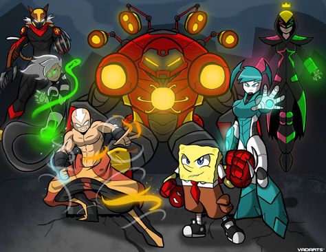 Nicksquad Unite! by Vadarts on DeviantArt Cartoon Crossovers Fanart, Nicktoons Unite Fanart, Tmnt Crossover Art, Wakfu Nox Art, Marvel Dc Crossover Art, Nicktoons Crossover, Nicktoons Unite, Ghostbusters Crossover, Cartoon Network Fanart