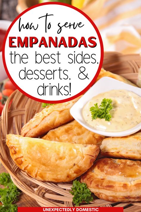 What to eat with empanadas! These are the best side dishes, toppings, sauces, drinks and desserts to make your empanada dinner extra amazing. What Side Dish Goes With Empanadas, Side Dish For Empanadas, Empanada Dinner Sides, Empanadas Side Dish, Empanadas Dipping Sauce Recipe, Sides For Empanadas Dinners, Empanada Side Dishes, What To Serve With Empanadas, Empanadas Dipping Sauce