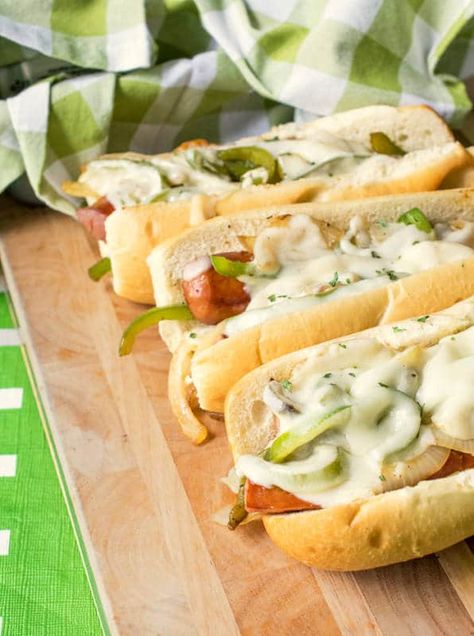 Kielbasa Hoagie Sandwiches with Sausage and Peppers - This is some perfect tailgating food! Man Food! Easily grilled or sauteed on a stove if you doing some homegating. Hoagie Sandwiches, Tailgating Food, Chicken Nachos Recipe, Kielbasa Recipes, Sausage Sandwiches, Hot Dog Recipes, Melty Cheese, Sausage And Peppers, Nachos Recipe