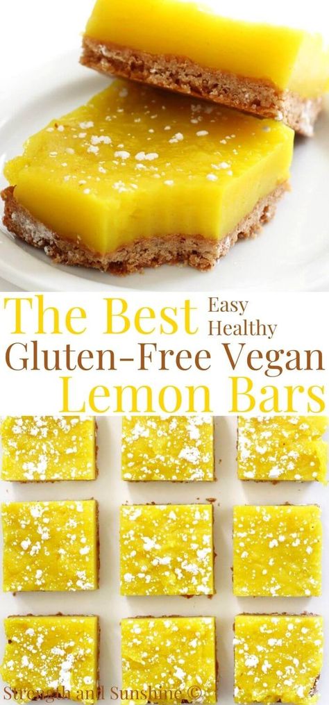 Vegan Lemon Bars (Gluten-Free, Eggless) | Strength and Sunshine | These easy Vegan Lemon Bars are completely gluten-free and eggless! This healthier lemon bar recipe is made with a 4 ingredient, dairy-free & buttery shortbread crust, layered with perfectly sweet and tangy lemon curd filling! No nuts or soy, this allergy-free dessert is a perfect spring or summertime treat everyone will love! Gluten Free Vegan Lemon Bars, Gluten Free Vegan Sweets, Plant Based Lemon Bars, Gluten And Vegan Desserts, Dairy Soy Free Dessert, Aip Lemon Bars, Nut Free Dairy Free Dessert, Quick Vegan Gluten Free Dessert, Gluten Nut Free Desserts