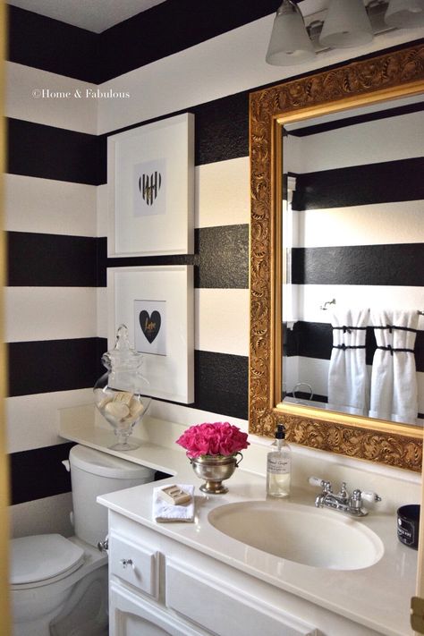 When you find unexpected things like these prints from HomeGoods, it makes your day absolutely fantastic. (Sponsored pin) Black And White Striped Wall, Striped Bathroom, Walls Painting, Cute Bathroom Ideas, Glam Bathroom, Walls Ideas, Black Bathroom Decor, White Bathroom Decor, Striped Walls