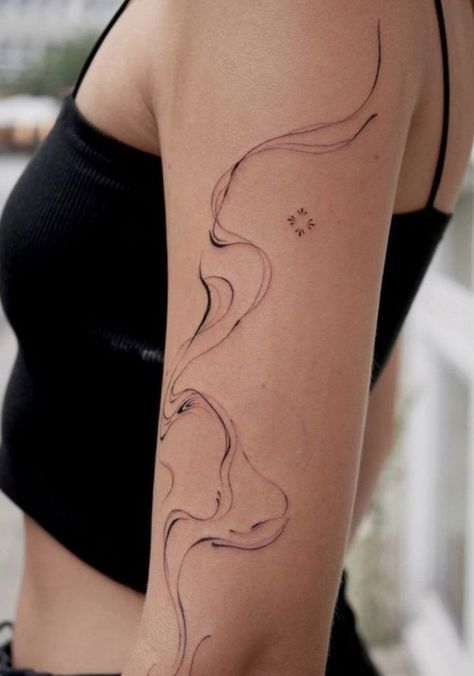 Delicate Watercolor Tattoo, Wavy Tattoo Design Arm, Wavy Abstract Tattoo, Wavy Liquid Tattoo, Back Abstract Tattoo, Korea Inspired Tattoo, Douyin Tattoo, Shoulder Line Tattoo, Flowing Tattoos