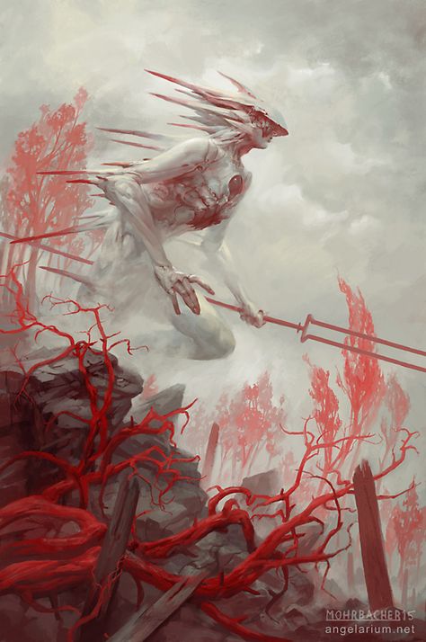 GADREEL, ANGEL OF WAR Upon the hill we saw  a figure wreathed in red.  With smoke around it rising  it sang to the newly dead.     "Do not give what cannot be taken"  It's mouth did not move.  "There is no country for us,  and no fruit within this grove" Peter Mohrbacher, Cosmic Horror, 다크 판타지, Fantasy Monster, Creature Concept Art, Angels And Demons, Arte Fantasy, Creature Concept, 판타지 아트