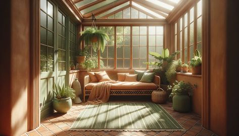 terracotta and sage green sunroom Sage And Terracotta Living Room, Green Sunroom, Terracotta Living Room, Green And Terracotta, Sage House, Terracotta Floors, Roof Colors, Blue Curtains, Grey Dining