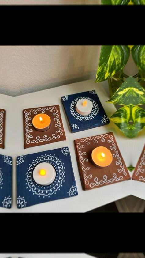 Diwali Diy Crafts Decoration, Candle Holder For Diwali, Diy Candle Holders For Diwali, Diwali Decor With Cardboard, Diy Diya Holder Cardboard, Diwali Handmade Gifts Ideas, Diya Holder For Diwali, Creative Ideas For Diwali, Diwali Gifts Diy