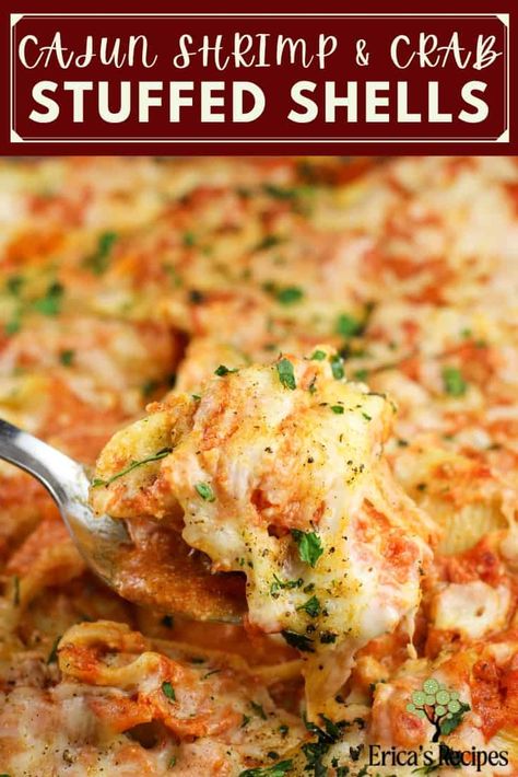 Cajun Shrimp and Crab Stuffed Shells in Vodka Sauce WHOOP! This is an epic good and deliciously decadent stuffed shells recipe with a dreamy seafood filling and luxurious Cajun vodka sauce. Save this recipe for a special occasion, holiday, or family supper. Need a new Sunday dinner? Here you go! Sausage And Shells, Crab Stuffed Shells, Seafood Stuffed Shells Recipe, Crab Pasta Recipes, Shells Pasta, Seafood Stuffed Shells, Chicken Stuffed Shells, Shell Pasta Recipes, Crab Pasta