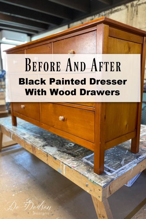 Dresser Flip Black And Wood, Redo A Dresser Ideas, Wood Dresser With Black Drawers, Refinished Dresser Black And Wood, Black And Wood Dressers, Dresser Makeover Black And Wood, Black And Wood Dresser Makeover, Black Dresser Ideas, Diy Nursery Dresser