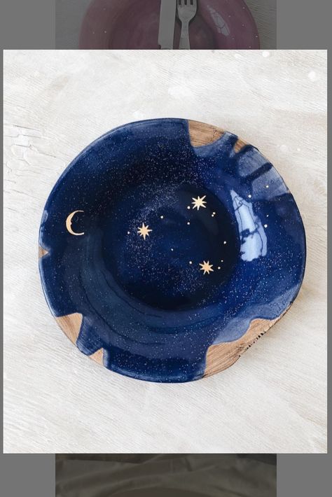 Pottery Painting Night Sky, Astrology Pottery, Moon Pottery Painting, Celestial Ceramics, Space Ceramics, Moon Pottery, Ceramic Moon, Diy Pottery Painting, Color Me Mine