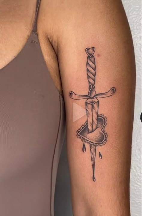 Heart Swords Tattoo Ideas, Girly Knife Tattoo, Vertical Forearm Tattoo, Girly Dagger Tattoo, Heart Flail Tattoo, Dagger Through Heart Tattoo, Daggar Tattoo, Heart Dagger Tattoo, Swords Tattoo