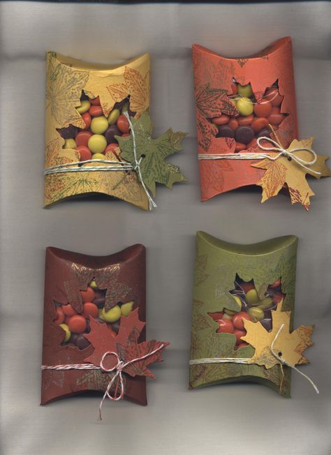 Fall treat holders Fall Treat Bags For Adults, Stampin Up Fall Treat Holders, Thanksgiving Treat Boxes, Fall Paper Crafts, Thanksgiving Favors, Autumn Paper, Candy Crafts, Autumn Crafts, Pillow Box