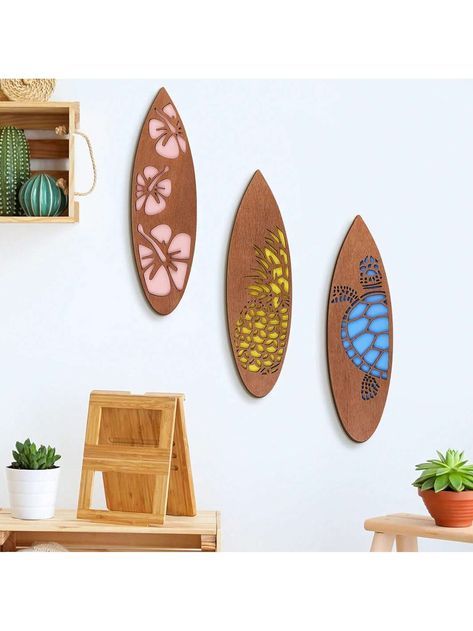 Multicolor  Collar  Wood   Embellished   Home Decor Strand Decor, Wooden Surfboard, Surfboard Wall Art, Cut Out Art, Surfboard Wall, Tropical Hibiscus, Flower Bar, Pineapple Design, Bar Wall Decor