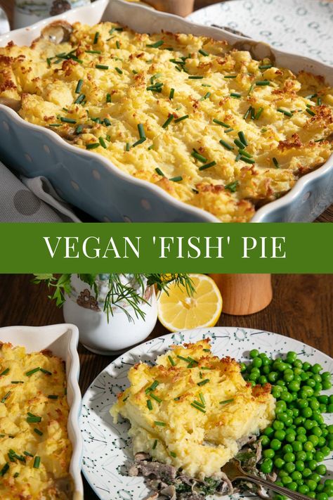 Two images of vegan fish pie. Top image is the whole pie, topped with mashed potato and chopped chives. Bottom image shows a slice of pie served with peas. Nori Recipes Vegan, Vegan Nori Recipes, Vegan Seaweed Recipes, Vegan Fish Recipes, Vegan Seafood Pasta, Nori Recipes, Vegan Fish Pie, Vegan Seaweed Soup, Nori Recipe