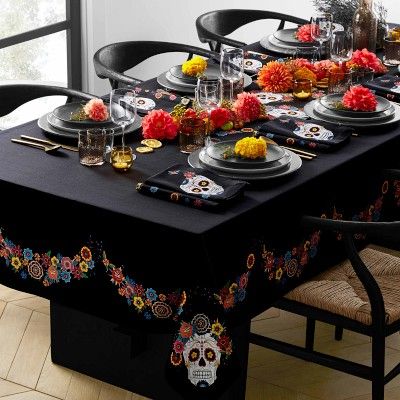 Day of the Dead Tablecloth #williamssonoma Day Of The Dead Table Setting, Black Linen Tablecloth, Mexican Living Room, Skull Kitchen, Sugar Skull Wedding, Disney Coco, Day Of The Dead Party, Colorful Desserts, Quince Ideas