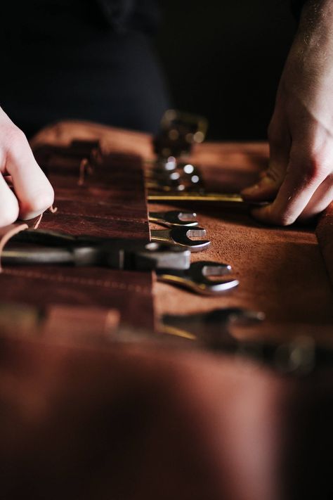 Give your treasured tools the home they deserve. As leather craftsmen ourselves, we know we are only as good as our tools and quality tools need quality care. That is why we are so excited to bring you our line of luxurious cowhide leather tool rolls. These are genuine leather tool rolls handcrafted by us. Designed to carry a heavy load, there are multiple slots for different tools to keep them organised. Cover flaps ensure the tools are separate to minimise accidental scratches. A YKK zipper co Artisan Rolls, Storage For Tools, Workshop Photography, Leather Tool Roll, Tools Organizer, Car Accessories For Guys, Trunk Organizer, Tool Roll, Leather Storage