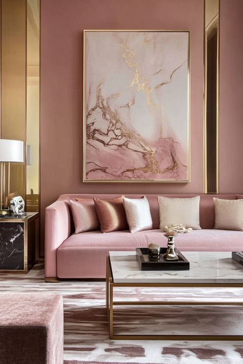 Pink and gold living rooms  are perfect for creating a luxurious and stylish space.  Explore pink and gold living room decor with plush pink sofas, gold coffee tables, and metallic throw pillows.  Discover pink accent walls, gold-framed artwork, and rose gold lighting fixtures.  Find inspiration for pink and gold area rugs, velvet curtains, and gilded decorative objects to create a truly luxurious living room. Pink And Gold Living Room Decor, Rose Gold Living Room Decor, Pink And Gold Living Room, Pink Gold Living Room, Rose Gold Lighting, Rose Gold Living Room, Gold Living Rooms, Colour Scheme Living Room, Gold Living Room Walls