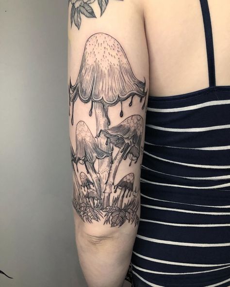 Marie Tattoo, Inky Cap Mushroom, Mushroom Cluster, Mushroom Tattoo, Fern Tattoo, Wrap Tattoo, Cool Tattoo Drawings, Mushroom Tattoos, Wicked Tattoos