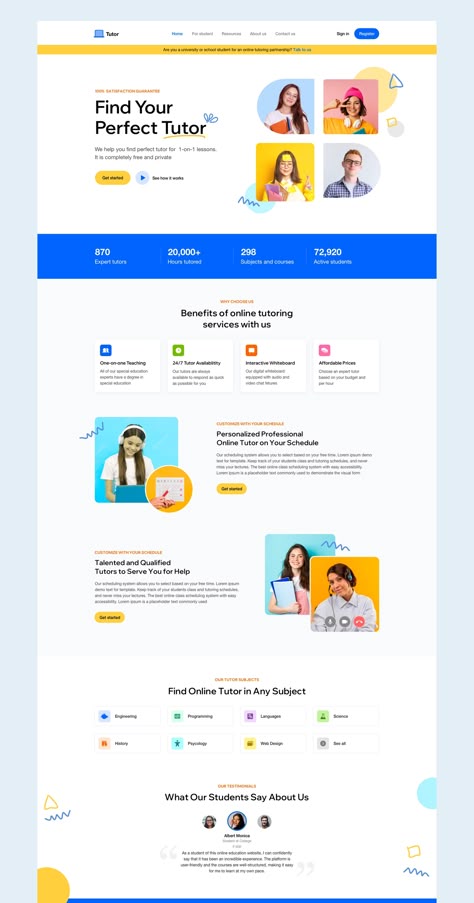 Online Tutor Website Design, Website Landing Page Inspiration, One Page Landing Page Design, Tutoring Website Design, Colorful Landing Page, Tutor Website Design, Website Design Homepage, Website Page Layout, Landing Page Website Design