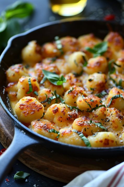 Gnocchi in a skillet, topped with melted cheese and fresh basil. Sauteed Gnocchi Recipes, Quick Gnocchi Recipes, Cheesy Gnocchi Recipes, Sauteed Gnocchi, Skillet Gnocchi Recipes, Gnocchi Cheese Sauce, Simple Gnocchi Recipes, Recipes Using Gnocchi, Gnocchi Carbonara