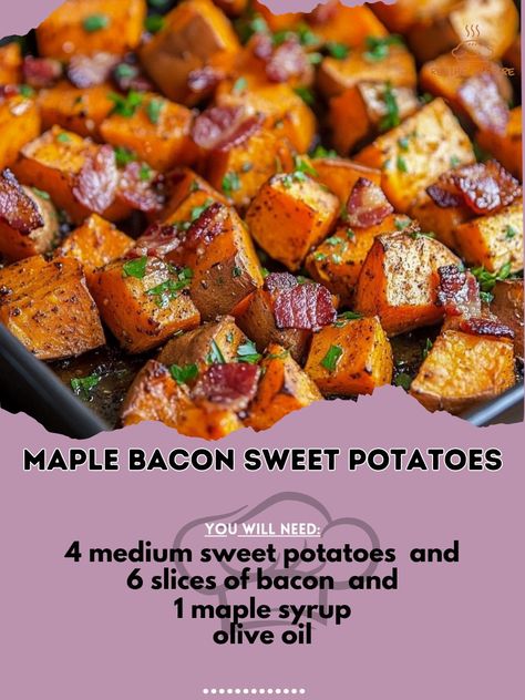 🍁🥓 Elevate your sweet potato game with these mouthwatering Maple Bacon Sweet Potatoes! Perfect for fall gatherings. 🍠🥓 Maple Bacon Sweet Potatoes Ingredients: - 4 medium sweet potatoes, peeled and cubed - 6 slices of bacon, cooked and crumbled - 1/4 cup maple syrup - 2 tbsp olive oil - Salt and pepper to taste - Fresh parsley for garnish Instructions: 1. Preheat oven to 400°F. 2. Toss sweet potatoes with olive oil, salt, and pepper. 3. Spread on a baking sheet and roast for 25-30 minutes u... Fall Gathering, Maple Bacon, Roasted Sweet Potatoes, Roasted Potatoes, Sweet Potatoes, Fresh Parsley, Baking Sheet, Maple Syrup, Parsley