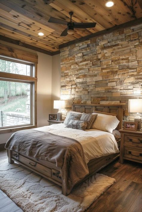 Rustic Bedroom Inspiration, Couple House, Farmhouse Bed Frame, Rustic Bedroom Ideas, Farmhouse Style Bedding, Dream Couple, Stone Accent Walls, Cozy Sleep, Budget Bedroom