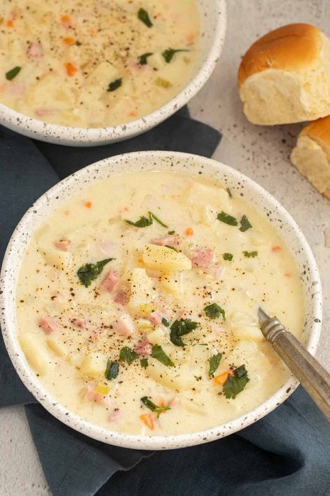 This creamy ham and potato soup will be a new go-to recipe! Loaded potato and ham with veggies in a rich and creamy broth. Cream Of Potato Soup With Ham, Creamy Ham And Potato Soup Crockpot, Ham And Potato Soup Dairy Free, Ham And Potato Soup Without Milk, Potatoe Ham Soup Creamy, Food For Cold Days, Creamy Ham And Potato Soup, Potato Soup Recipes, Ham And Potato Soup