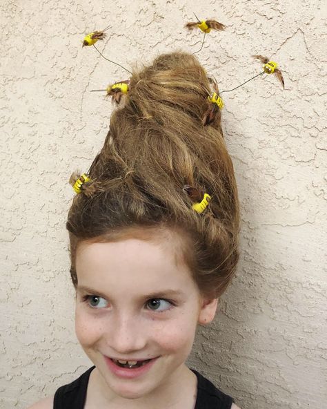 A full beehive complete with buzzing bees for crazy hair day Beehive Crazy Hair Day, Beehive Hairstyles, Crazy Hair Day Ideas, Style Themes, Spirit Days, Crazy Hat, Wacky Wednesday, Beehive Hair, Wacky Hair Days