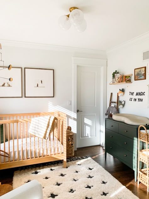 Baby Brother’s Woodland Nursery Tour Hunter Green Nursery Rug, Nursery When You Dont Know The Gender, Chill Nursery, Mismatched Nursery Furniture, Crate And Barrel Nursery, Shared Nursery, Boy Bedrooms, Nursery Tour, Woodland Nursery Boy