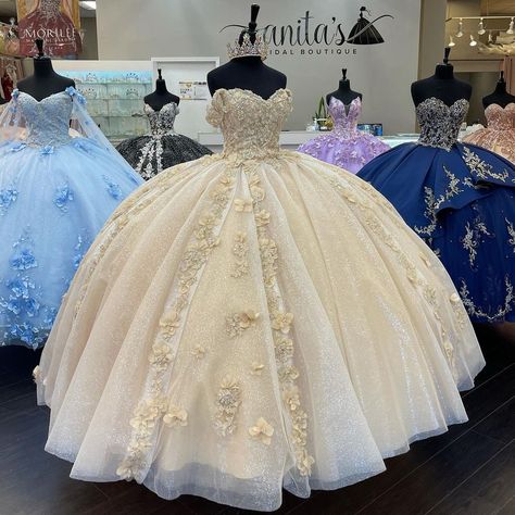 Anita’s Bridal (@anitasbridal) posted on Instagram: “YOUR FAVORITE XV DESIGNERS ARE AVAILABLE @anitasbridal ✨ 1038 Santee St LA CA 90015 OPEN SEVEN DAYS A WEEK!!!” • Jun 10, 2021 at 1:28am UTC Champagne Quince Dresses, Quinceanera Dresses Off The Shoulder, Champagne Quinceanera Dresses, White Quinceanera Dresses, Xv Dresses, Ball Gown Quinceanera Dresses, Quinceanera Dresses Gold, Quinceanera Themes Dresses, Sweet 15 Dresses