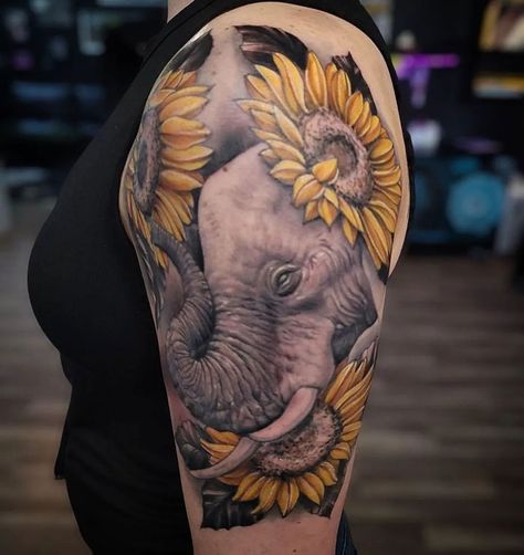 Elephant Tattoos With Sunflowers, Realism Elephant Tattoo, Elephant Sunflower Tattoo, Small Fish Tattoos, Cicada Tattoo, Cute Elephant Tattoo, Crocodile Tattoo, Wildlife Tattoo, Lily Flower Tattoos