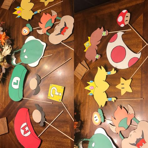 Finished making our Super Mario photo booth props! Super excited to use these! Video Game Photo Booth, Mario Photo Props, Super Mario Photo Booth, Mario Photo Booth, Mario Bros Costume, Princess Peach Party, Mario Bros Birthday Party Ideas, Mario Crafts, Mimi Birthday