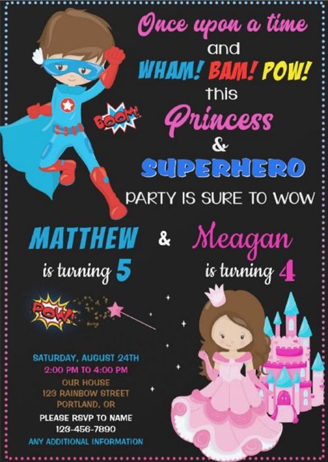 Once upon a time and WHAM! BAM! POW! This two theme Superhero and Princess birthday invitation for two kids is for shared joint birthday party! afflink Sibling Birthday Parties, Combined Birthday Parties, Superhero Birthday Invitations, Princess Birthday Invitations, Twins 1st Birthdays, Twice As Nice, Twin Birthday, Superhero Birthday Party, Pink Invitations