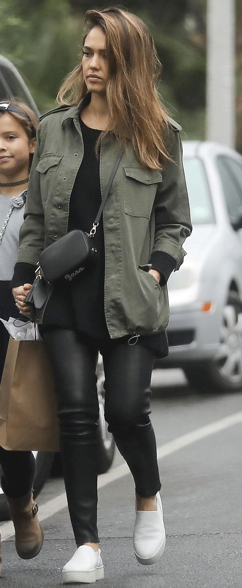 Jessica Alba's Stylish $40 Jacket Is Still Available  via @WhoWhatWear Olive Green Cargo Jacket Outfit, Current Casual Outfits, Khaki Leather Leggings Outfit, Olive Cargo Jacket Outfit, Green Parka Jacket Outfit, Khaki Green Jacket Outfit, Olive Jacket Outfit Winter, Olive Rain Jacket Outfit, Khaki Green Jacket Outfit Women