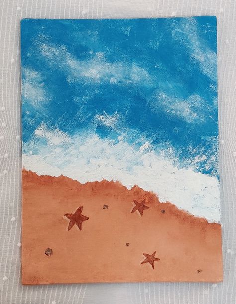 Easy beach and waves painting tutorial using acrylics and sponge. Ocean Simple Painting, Beach Drawing Acrylic, Canvas Painting Ideas Beach Easy, Drawing Beach Easy, Sponge Effect Painting, Beach Simple Painting, Easy Waves Painting, Painting Ideas Ocean Easy, Drawing Beach Ideas