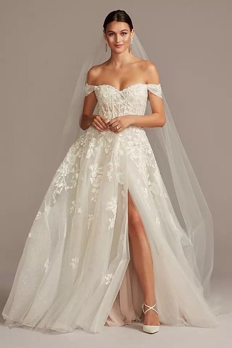 Wedding Dresses - Galina Signature Floral Tulle Wedding Dress with Removable Sleeves Style # SWG834 – View Image 1 Galina Wedding Dress, Fantasy Wedding Dresses, Ethereal Wedding Dress, Petite Wedding Dress, Removable Sleeves, Davids Bridal Wedding Dresses, Wedding Dresses Corset, Davids Bridal Dresses, New Wedding Dresses