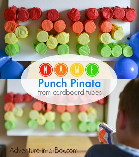 Name Punch Pinata from Cardboard Rolls Rainbow Punch Pinata, Punch Pinata, Abc Birthday Parties, How To Make Punch, Pinata Game, Rainbow Punch, Birthday Pinata, Kids Punch, Cardboard Rolls