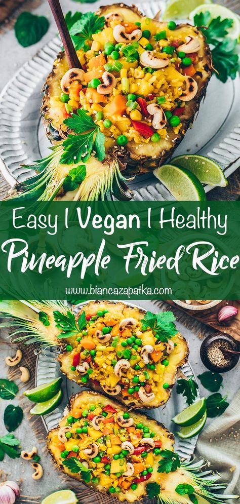 Vegan Pineapple Fried Rice Recipe, Tropical Vegan Recipes, Vegan Pineapple Fried Rice, Pineapple Rice Recipes, Fried Rice Vegan, Thai Pineapple Fried Rice, Pineapple Fried Rice Recipe, Vegetarian Rice Recipes, Vegan Picnic