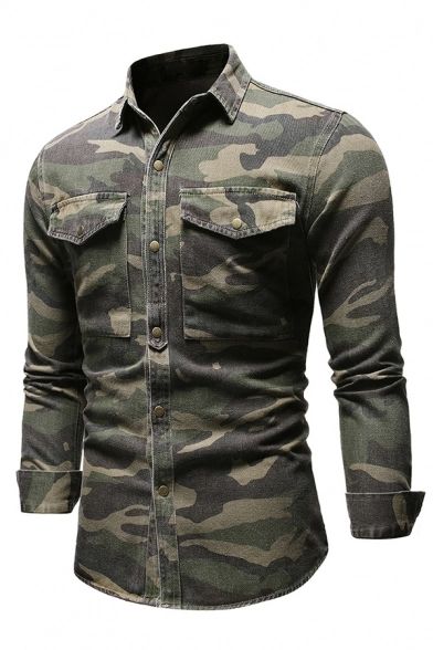 Classic Camouflage Pattern Long Sleeve Single Breasted Military Shirt with Chest Pocket - Beautifulhalo.com Mens Outdoor Wear, Casual Denim Shirt, Shirt Jacket Men, Camo Men, Utility Shirt, Long Sleeve Denim Shirt, Mens Jackets Casual, Denim Shirt Men, Denim Shirts