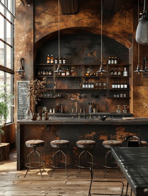 15 Stunning Examples of Industrial Interior Design for Inspiration - DGV Architecture Industrial Rustic Bar, Bistro Design Interior, Rustic Modern Restaurant, Modern Home Bar Luxury, Industrial Design Interior Cafe, Modern Industrial Restaurant, Chic Industrial Decor, Industrial Bar Design, Staircase Luxury