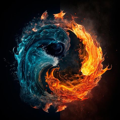 Fire and water | Premium Photo #Freepik #photo #fire-water #fire-banner #fire-circle #hot Fire And Air Aesthetic, Fire And Water Wedding Theme, Water Fire Aesthetic, Water And Fire Art, Fire Water Aesthetic, Fire Ideas Art, Fire Abstract Art, Water And Fire Aesthetic, Fire And Water Wallpaper