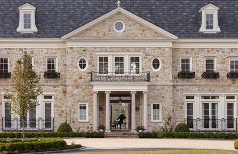 Curves & Light - Wadia Associates Elegant Home Exterior, Front Stairs, Shiplap Ceiling, Luxury Architecture, Rustic Stone, Greenwich Ct, Iron Railing, Georgian Homes, Hamptons House