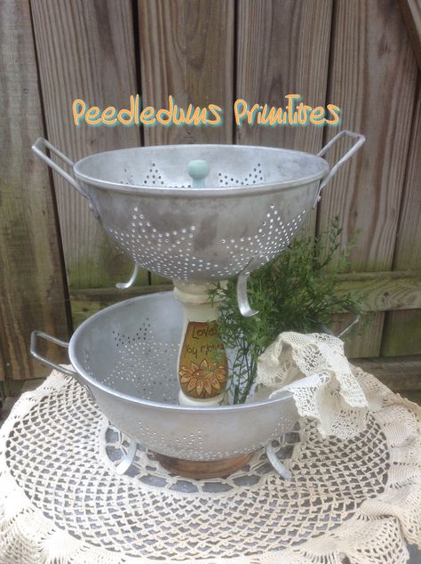 Upcycled colander and candlesticks Colander Crafts, Colander Decor, Candle Upcycle, Memory Boards, Upcycle Vintage, Cane Baskets, Plant Containers, Retirement House, Wood Candle Sticks