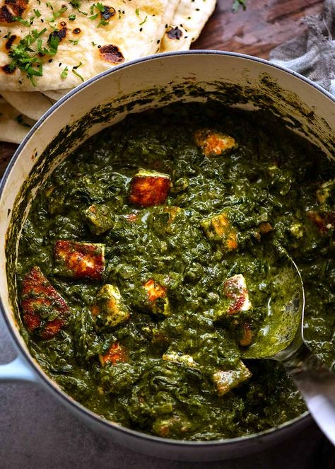 Pot of freshly made Palak Paneer, ready to be served Healthy Palak Paneer, Vegetarian Recipes Spinach, Indian Palak Paneer, Tofu Palak Paneer, Spinach Indian Dish, Indian Green Curry, Sagg Paneer Recipe, Spinach Curry Indian Foods, Spinach And Paneer Recipes