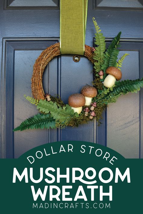 Fall Wreath With Mushrooms, Fall Theme Home Decor, Diy Fall Mushroom Decor, Diy Dollar Tree Mushrooms, Mushroom Christmas Wreath, Dollar Tree Cottagecore, Dollar Tree Tree Of Life Wreath Diy, Diy Mushroom Decor Crafts, Mushroom Fall Decor