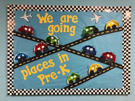 Car Theme Bulletin Board, Friendship Bulletin Board Ideas Preschool, Transportation Themed Bulletin Boards, Going Places Theme Preschool, Places We Go Theme Preschool, Road Trip Bulletin Board, Transportation Classroom Theme, Cars Bulletin Board Ideas, Roads Activities For Preschool