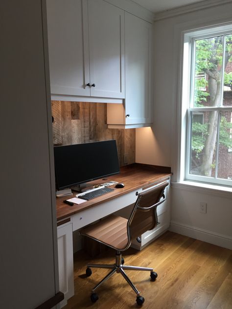 Built-in desk with adjustable height Walnut top uses and electric lift so it can be used as a standing desk. Stand Up Desk Built In, Standing Desk Cabinet, Built In Sit Stand Desk, Adjustable Height Desk With Storage, Standing Desk Built In, Built In Standing Desk, Electric Standing Desk In Cabinet, Home Office Layout, Bedroom Built Ins